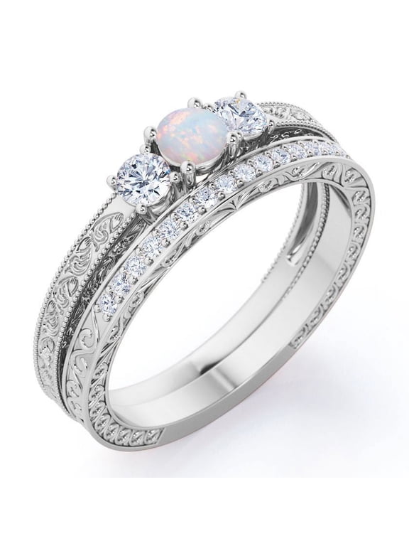 Past Present Future 1.75 Carat Round Cut Australian Opal and Moissanite Art-Deco Edwardian Cathedral Wedding Ring Set in 18K White Gold Plating over Silver