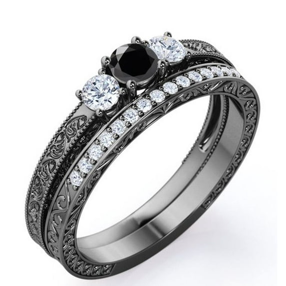 JeenMata Past Present Future 1.75 Carat Round Cut Lab Grown Black Diamond and Moissanite Art-Deco Edwardian Cathedral Wedding Ring Set in 18K Black Gold Plating over Silver