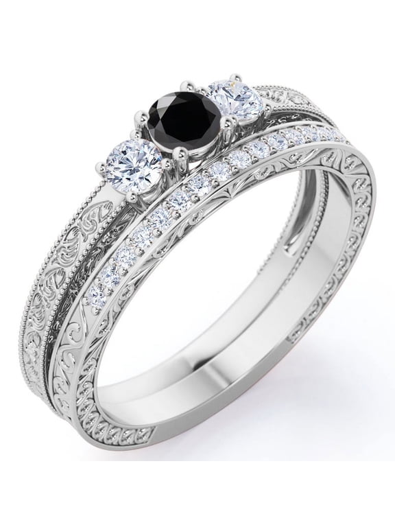 Past Present Future 1.75 Carat Round Cut Lab Grown Black Diamond and Moissanite Art-Deco Edwardian Cathedral Wedding Ring Set in 18K White Gold Plating over Silver