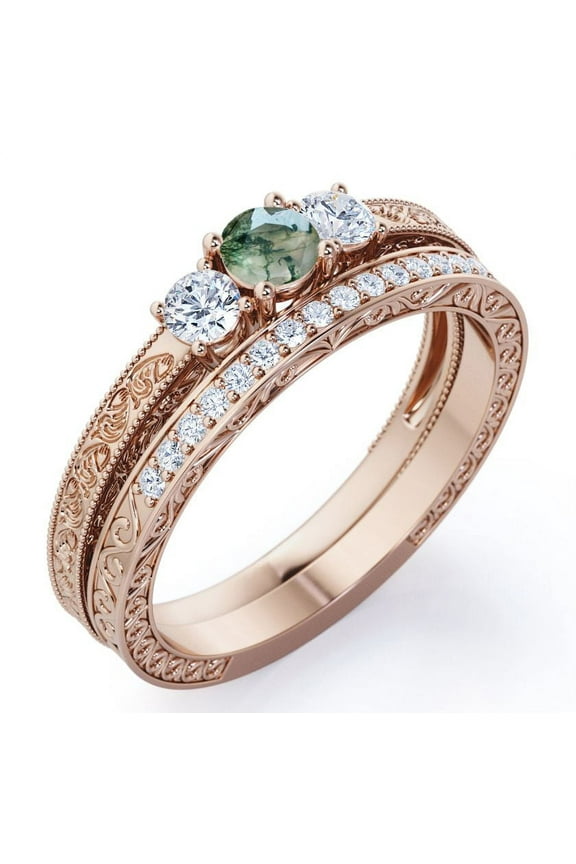 Past Present Future 1.75 Carat Round Cut Natural Druzy Moss Green Agate and Moissanite Art-Deco Edwardian Cathedral Wedding Ring Set in 18K Rose Gold Plating over Silver