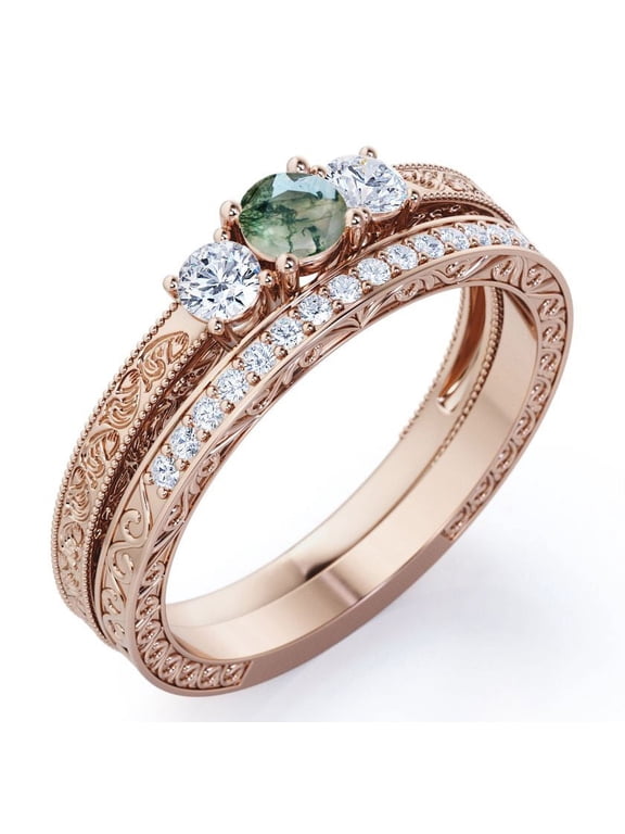 Past Present Future 1.75 Carat Round Cut Natural Druzy Moss Green Agate and Moissanite Art-Deco Edwardian Cathedral Wedding Ring Set in 18K Rose Gold Plating over Silver