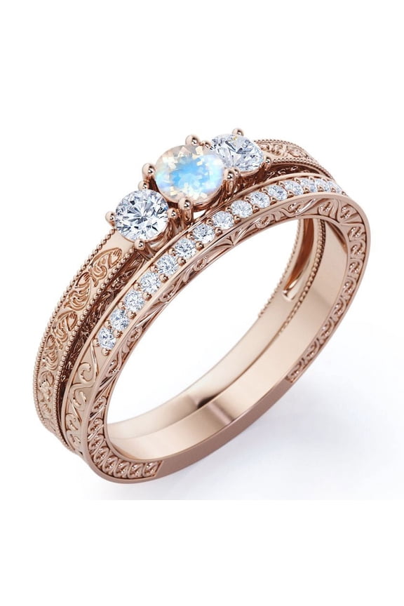 Past Present Future 1 Carat Round Cut Blue Moonstone and Moissanite Art-Deco Edwardian Cathedral Wedding Ring Set in 18K Rose Gold Plating over Silver