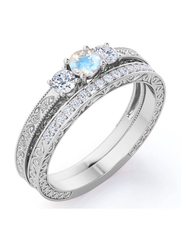 Past Present Future 1 Carat Round Cut Blue Moonstone and Moissanite Art-Deco Edwardian Cathedral Wedding Ring Set in 18K White Gold Plating over Silver
