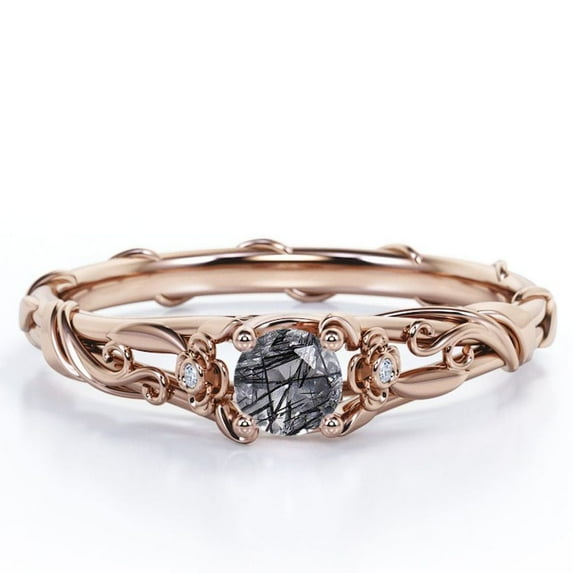 JeenMata Past Present Future Flower Bezel 0.5 Carat Round Cut Smokey Black Rutilated Quartz and Moissanite Vine Engagement Ring in 18K Rose Gold Plating over Silver
