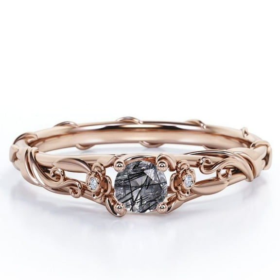 JeenMata Past Present Future Flower Bezel 0.5 Carat Round Cut Smokey Black Rutilated Quartz and Moissanite Vine Engagement Ring in 18K Rose Gold Plating over Silver