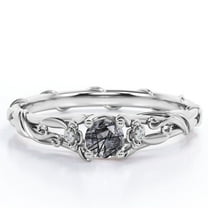 JeenMata Past Present Future Flower Bezel 0.5 Carat Round Cut Smokey Black Rutilated Quartz and Moissanite Vine Engagement Ring in 18K White Gold Plating over Silver