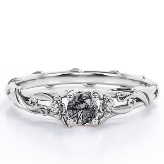 JeenMata Past Present Future Flower Bezel 0.5 Carat Round Cut Smokey Black Rutilated Quartz and Moissanite Vine Engagement Ring in 18K White Gold Plating over Silver