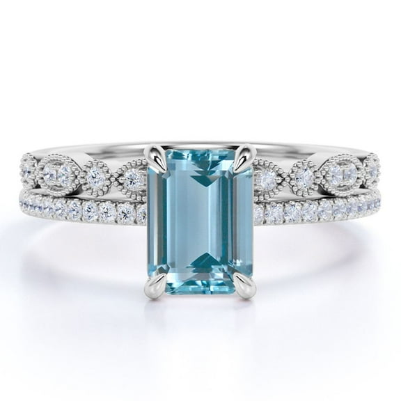 JeenMata Pave 1.5 Carat Emerald Cut Aquamarine and Moissanite Wedding Ring Set in 18k White Gold over Silver