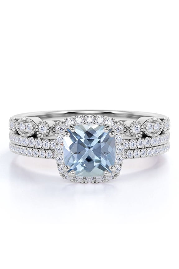 Pave 1.75 Carat Cushion Cut Created Aquamarine and Moissanite Trio Wedding Ring Set in 18k White Gold over Silver