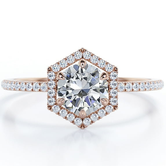 JeenMata Pave 1.75 Carat Round Shape Moissanite Hexagon Halo Six Prong Set Engagement Ring In 18K Rose Gold Plating Over Silver