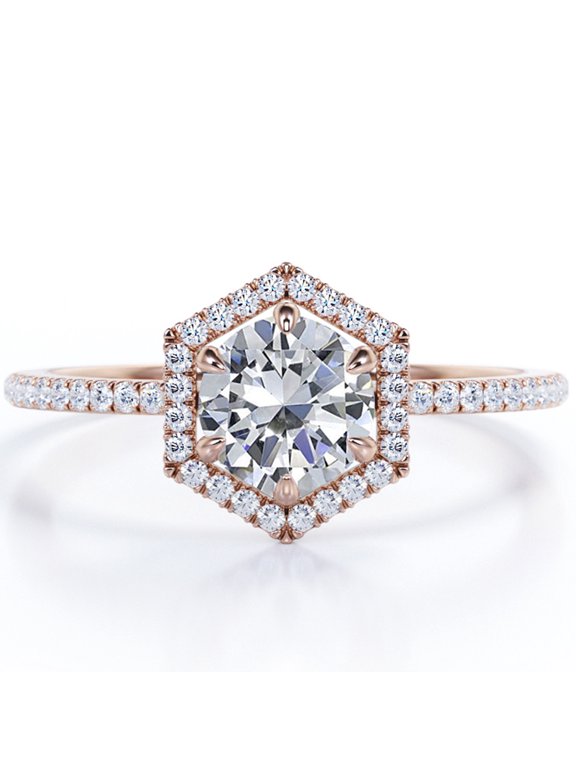 Pave 1.75 Carat Round Shape Moissanite Hexagon Halo Six Prong Set Engagement Ring In 18K Rose Gold Plating Over Silver
