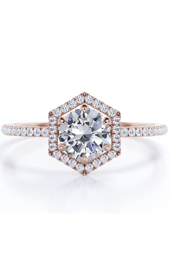 Pave 1.75 Carat Round Shape Moissanite Hexagon Halo Six Prong Set Engagement Ring In 18K Rose Gold Plating Over Silver