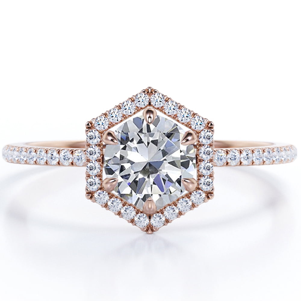 JeenMata Pave 1.75 Carat Round Shape Moissanite Hexagon Halo Six Prong Set Engagement Ring In 18K Rose Gold Plating Over Silver