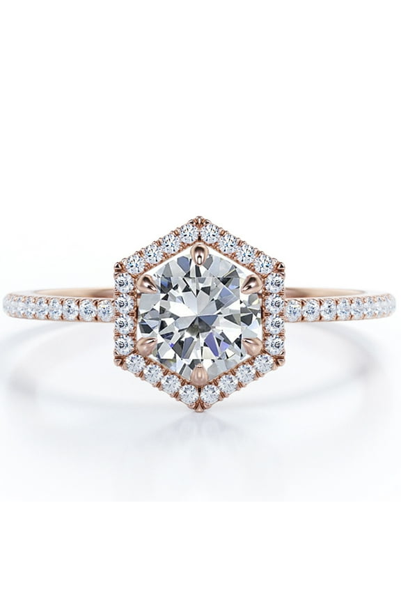 Pave 1.75 Carat Round Shape Moissanite Hexagon Halo Six Prong Set Engagement Ring In 18K Rose Gold Plating Over Silver