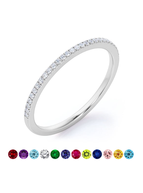 Pave Accented - 0.25 Carat Round Cut -April Birthstone- Classic Wedding Band - 18K White Gold Plating for Women