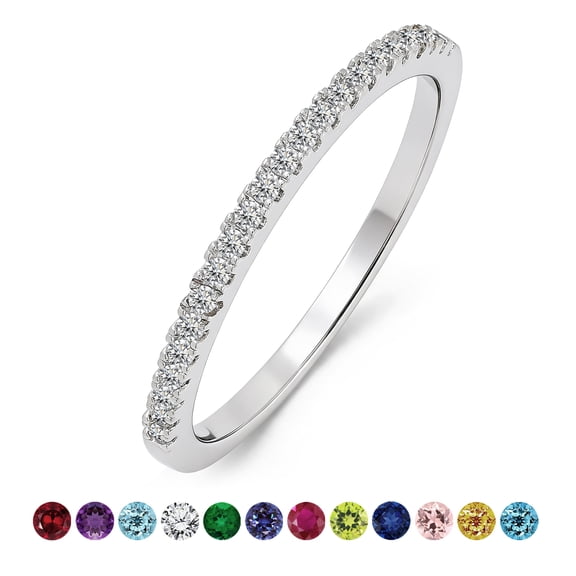 JeenMata Stackable Pave Accented - 0.25 Carat Round Cut -April Birthstone- Classic Wedding Band - 18K White Gold Plating for Women