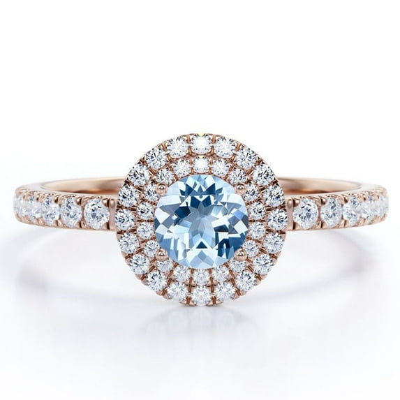JeenMata Pave Accented 1 Carat Round Brilliant Cut Sky Blue Created Aquamarine and Moissanite Dual Halo Design Engagement Ring in 18K Rose Gold Plating over Silver