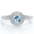 thumbnail image 1 of JeenMata Pave Accented 1 Carat Round Brilliant Cut Sky Blue Created Aquamarine and Moissanite Dual Halo Design Engagement Ring in 18K White Gold Plating over Silver, 1 of 6