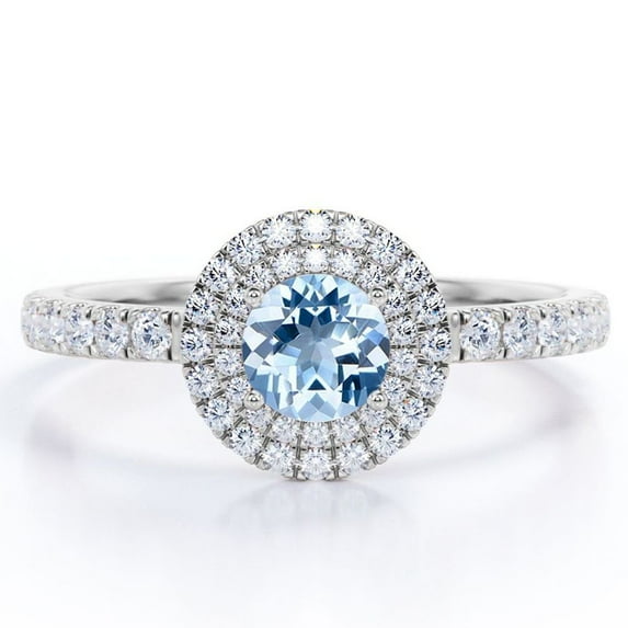 JeenMata Pave Accented 1 Carat Round Brilliant Cut Sky Blue Created Aquamarine and Moissanite Dual Halo Design Engagement Ring in 18K White Gold Plating over Silver