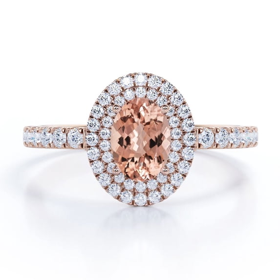 JeenMata Pave Accented Band 1.75 Carat Ovate created morganite and Moissanite Double Halo Engagement Ring in 18K Rose Gold Plating over Silver