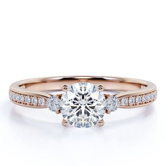 JeenMata Pave Channel - 1.5 Carat Round Brilliant Cut Moissanite - Cathedral Three Stone Engagement Ring - 18K Rose Gold Plating Over Silver