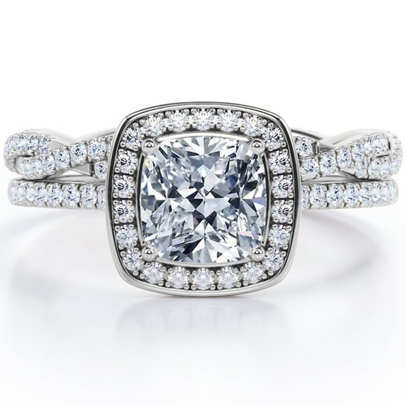 JeenMata Pave-Channel Halo 1.5 Carat Cushion Cut Moissanite Pave Twisted Infinity Bridal Set In 18K White Gold Plating Over Silver
