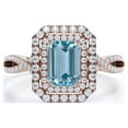 thumbnail image 1 of JeenMata Pave Crossover 1.35 Carat Emerald Cut Vivid Blue Created Aquamarine and Moissanite Double Halo Design Engagement Ring in 18K Rose Gold Plating over Silver, 1 of 6