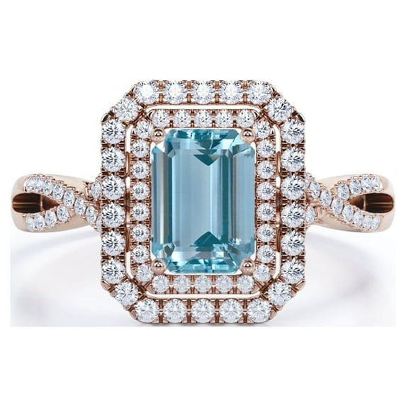 JeenMata Pave Crossover 1.35 Carat Emerald Cut Vivid Blue Created Aquamarine and Moissanite Double Halo Design Engagement Ring in 18K Rose Gold Plating over Silver