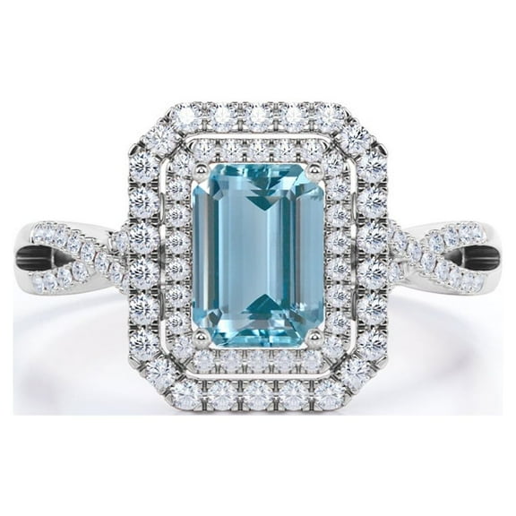 JeenMata Pave Crossover 1.35 Carat Emerald Cut Vivid Blue Created Aquamarine and Moissanite Double Halo Design Engagement Ring in 18K White Gold Plating over Silver