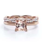 JeenMata Pave Crossover Prong 1.75 Carat Princess Cut Lab created morganite and Moissanite Bridal Ring Set in 18K Rose Gold Plating over Silver CUSTOMIZE YOUR WEDDING RING BAND