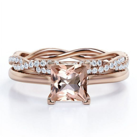 JeenMata Pave Crossover Prong 1.75 Carat Princess Cut Lab created morganite and Moissanite Bridal Ring Set in 18K Rose Gold Plating over Silver (CUSTOMIZE YOUR WEDDING RING BAND)
