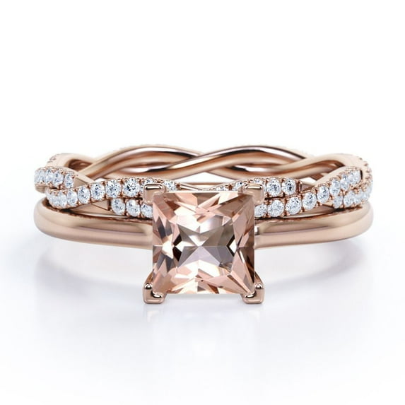 JeenMata Pave Crossover Prong 1.75 Carat Princess Cut Lab created morganite and Moissanite Bridal Ring Set in 18K Rose Gold Plating over Silver (CUSTOMIZE YOUR WEDDING RING BAND)