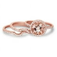 thumbnail image 1 of JeenMata Pave Curved Band - 1.75 Carat Round Cut Lab Created Morganite and Moissanite - Halo Trio Wedding Set - 18K Rose Gold Plating over Silver, 1 of 6
