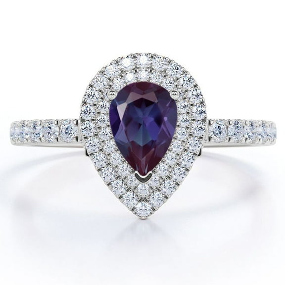 JeenMata Pave Design 1.5 Carat Pear Cut Lab Created Alexandrite and Moissanite Dual Halo Engagement Ring in 18K White Gold Plating over Silver