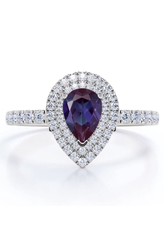 Pave Design 1.5 Carat Pear Cut Lab Created Alexandrite and Moissanite Dual Halo Engagement Ring in 18K White Gold Plating over Silver