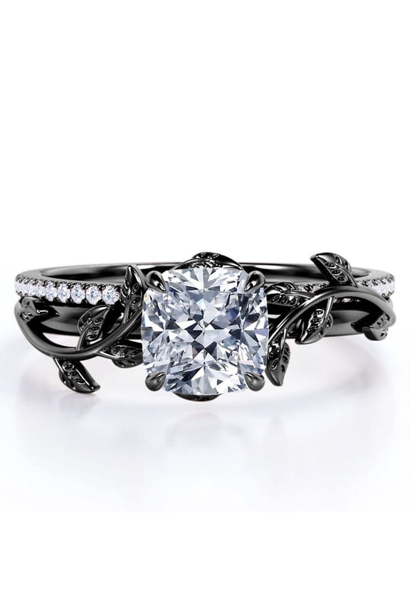 Pave Design 1.75 Carat Cushion Cut Moissanite Vine Leaf Bridal Ring Set in 18K Black Gold Plating over Silver