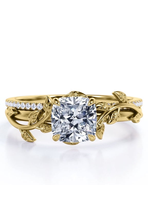 Pave Design 1.75 Carat Cushion Cut Moissanite Vine Leaf Bridal Ring Set in 18K Yellow Gold Plating over Silver