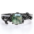 thumbnail image 1 of JeenMata Pave Design 1.75 Carat Cushion Cut Natural Druzy Moss Green Agate and Moissanite Vine Leaf Bridal Ring Set in 18K Black Gold Plating over Silver, 1 of 6