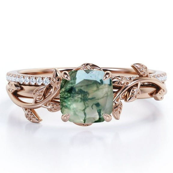 JeenMata Pave Design 1.75 Carat Cushion Cut Natural Druzy Moss Green Agate and Moissanite Vine Leaf Bridal Ring Set in 18K Rose Gold Plating over Silver