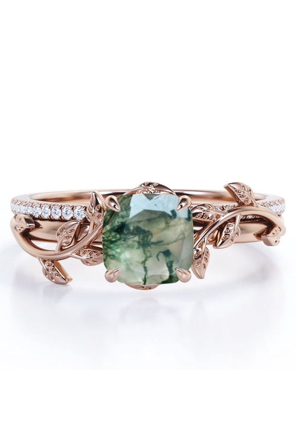 Pave Design 1.75 Carat Cushion Cut Natural Druzy Moss Green Agate and Moissanite Vine Leaf Bridal Ring Set in 18K Rose Gold Plating over Silver