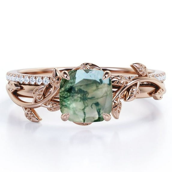 JeenMata Pave Design 1.75 Carat Cushion Cut Natural Druzy Moss Green Agate and Moissanite Vine Leaf Bridal Ring Set in 18K Rose Gold Plating over Silver
