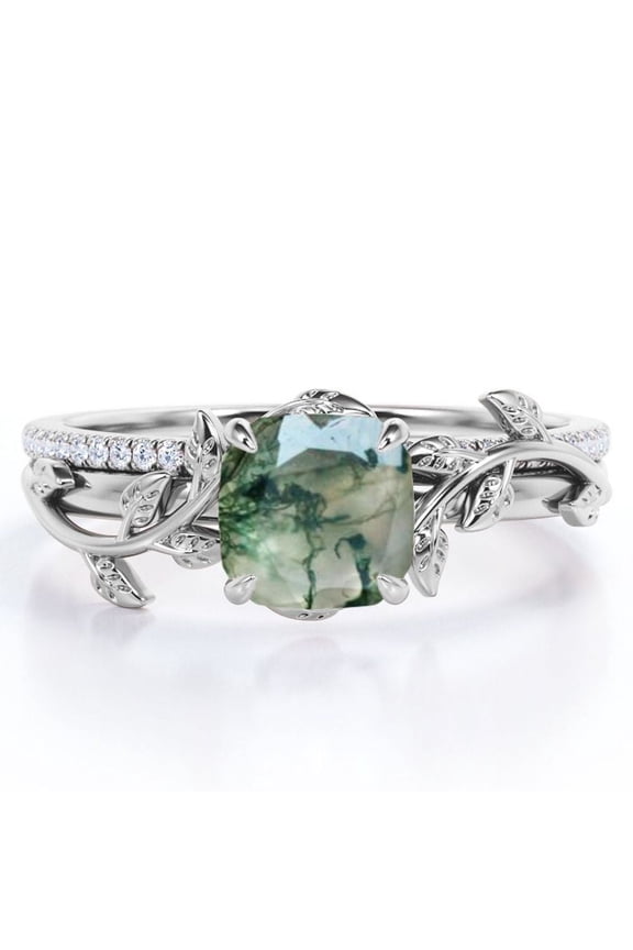 Pave Design 1.75 Carat Cushion Cut Natural Druzy Moss Green Agate and Moissanite Vine Leaf Bridal Ring Set in 18K White Gold Plating over Silver