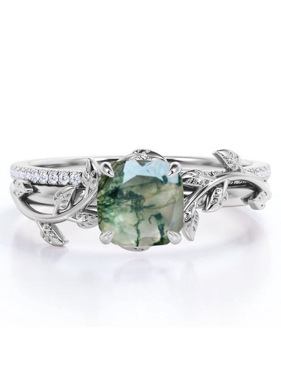 Pave Design 1.75 Carat Cushion Cut Natural Druzy Moss Green Agate and Moissanite Vine Leaf Bridal Ring Set in 18K White Gold Plating over Silver