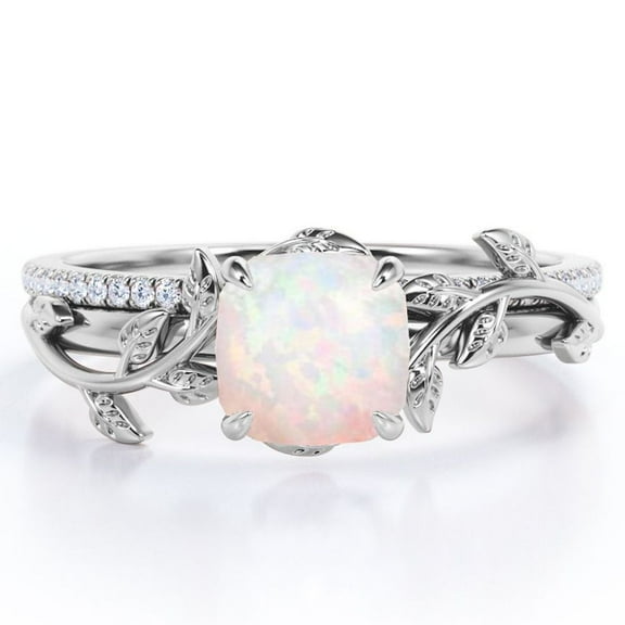 JeenMata Pave Design 1.75 Carat Cushion Cut Rainbow Opal and Moissanite Vine Leaf Bridal Ring Set in 18K White Gold Plating over Silver