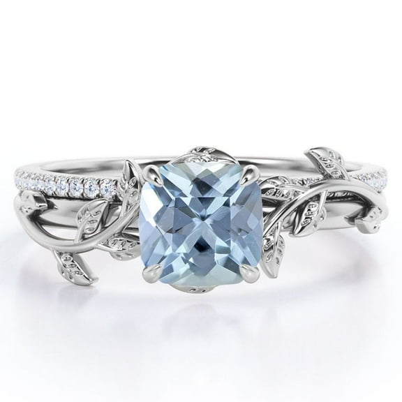 JeenMata Pave Design 1.75 Carat Cushion Cut Sky Blue Created Aquamarine and Moissanite Vine Leaf Bridal Ring Set in 18K White Gold Plating over Silver