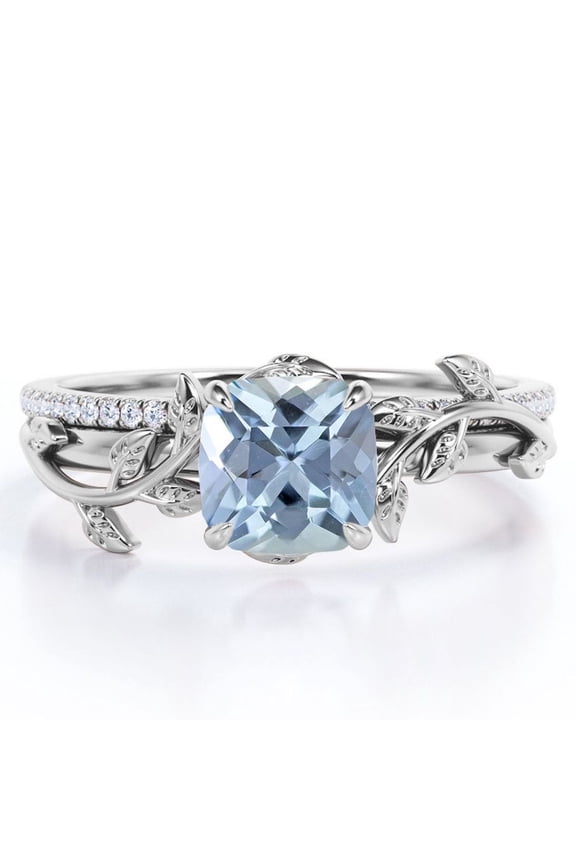 Pave Design 1.75 Carat Cushion Cut Sky Blue Created Aquamarine and Moissanite Vine Leaf Bridal Ring Set in 18K White Gold Plating over Silver