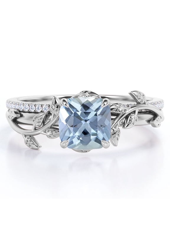 Pave Design 1.75 Carat Cushion Cut Sky Blue Created Aquamarine and Moissanite Vine Leaf Bridal Ring Set in 18K White Gold Plating over Silver