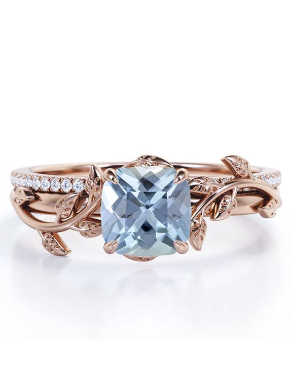 Pave Design 1.75 Carat Cushion Cut Sky Blue Created Aquamarine and Moissanite Vine Leaf Bridal Ring Set in 18K Rose Gold Plating over Silver