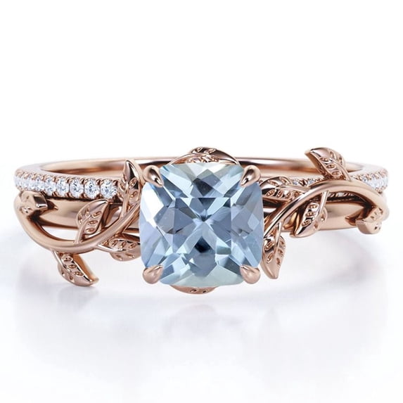JeenMata Pave Design 1.75 Carat Cushion Cut Sky Blue Created Aquamarine and Moissanite Vine Leaf Bridal Ring Set in 18K Rose Gold Plating over Silver