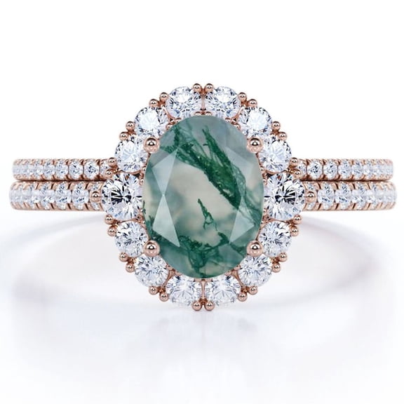 JeenMata Pave Design - 2 Carat Egg Shape Natural Opaque Mossy Green Agate - Halo Cluster Wedding Ring Set - 18K Rose Gold Plating over Silver